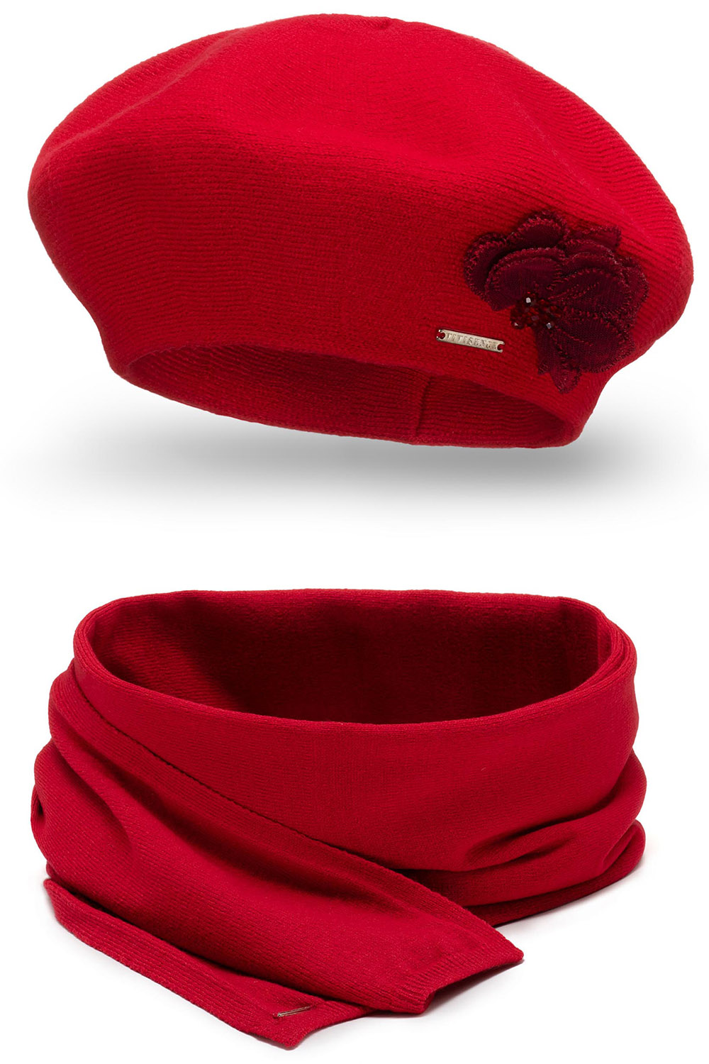 Vivisence Elegantes Damen Winter Set Aus Baskenmütze Mit Blumenapplikation Und Langer Schal Aus Warmem Garn Perfekte Für Kalte Wintertage Ideal Für Elegante Und Sportliche Outfits, rot
