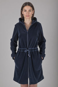 Vivisence Peignoir Femme Court Zippé Capuche Poches Doux Confort Maison 5012, bleu marine