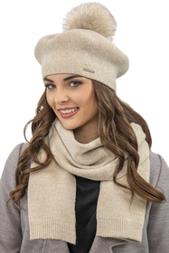 Vivisence Women Beret Wool Blend Faux Fur Pompom Elegant Warm Winter Hat 7035, beige