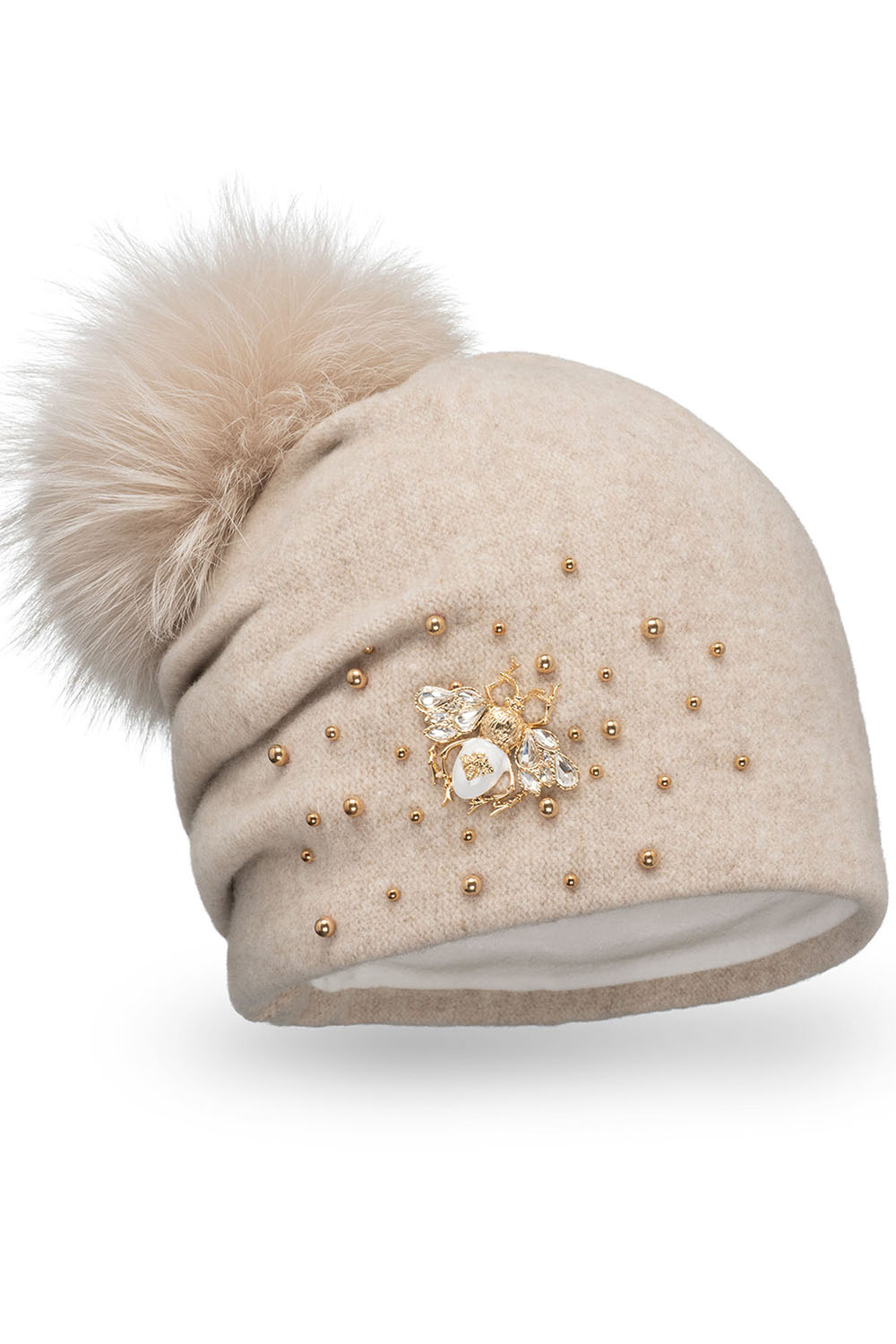 Vivisence Damen Bommelmütze Winter Wolle Handgefertigte Schurwolle 7079, Beige