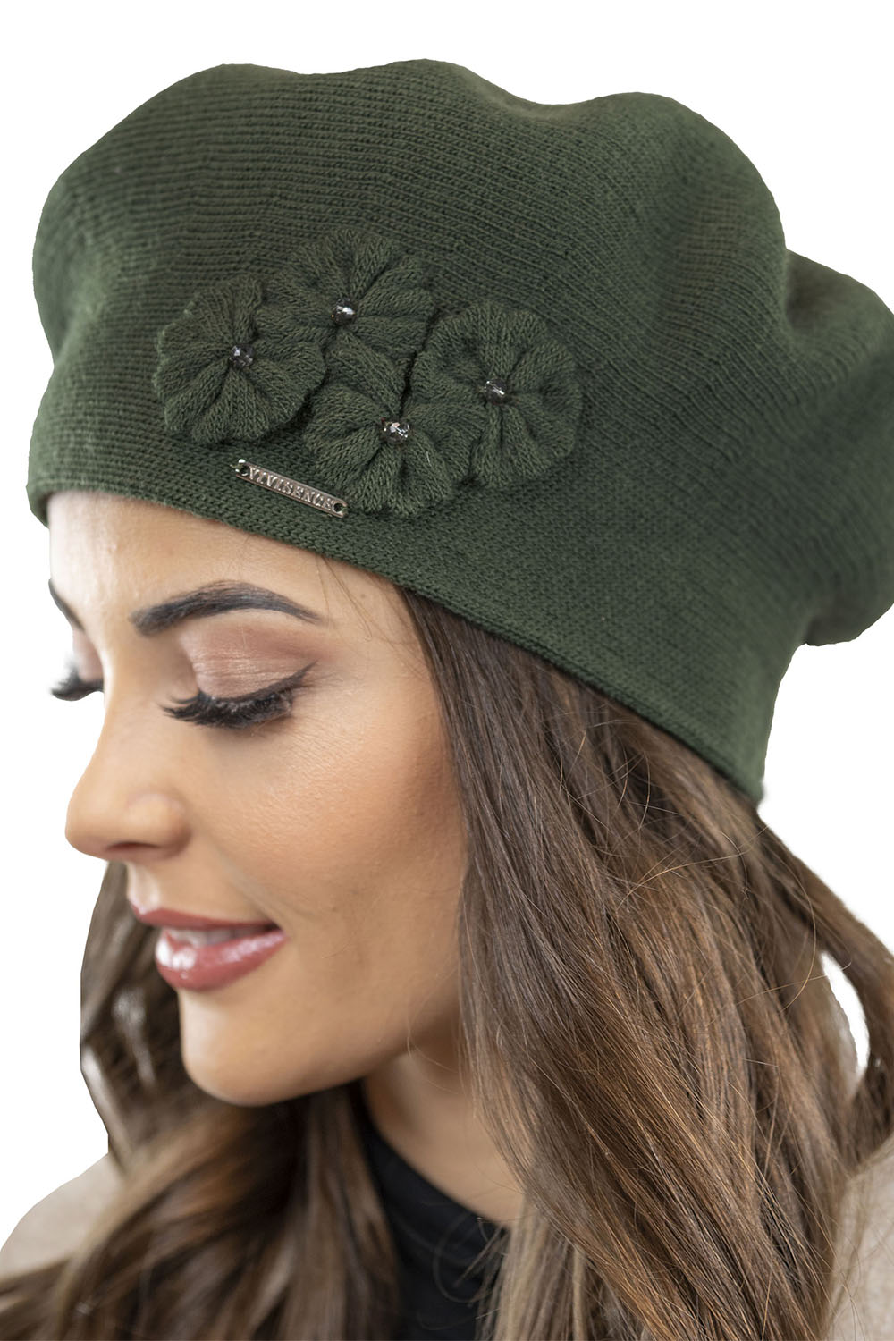Vivisence Elegant Women's Winter Set Including Classic Beret With Floral Decoration And Matching Long Warm Wool Scarf Ideal For Cold Winter And Autumn Days, green