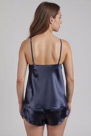 Vivisence Satin Women’s Pajama Set Top and Shorts Nightwear with Adjustable Straps, V-Neck, Relaxed Fit for Sleep and Lounge, dark blue