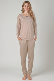 Vivisence Pyjama Deux pièces pour Femme Coton Manches Longues 2023, beige