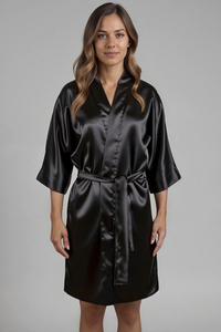 Vivisence Women's Satin Robe with 3/4 Sleeves Tie Waist Short Kimono Style Elegant Polyester Nightwear, Black