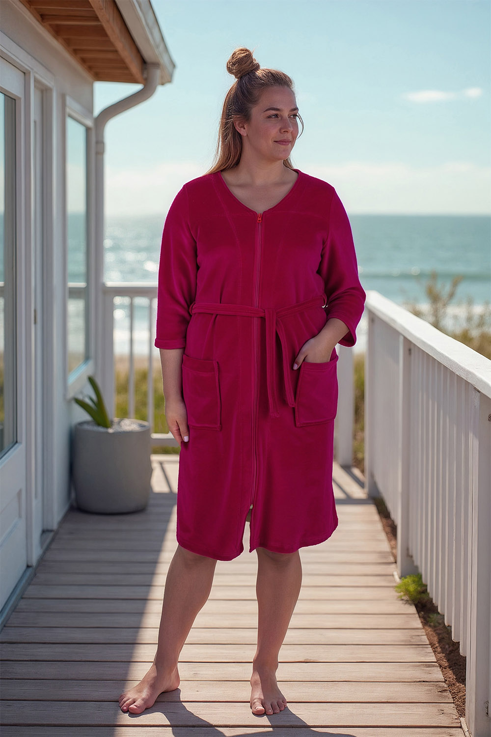 Vivisence Dressing Gown Cotton Zipper and Belt Pockets Home Comfort 5011, ruby