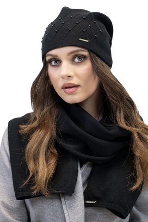 Vivisence Winter Set For Women With Warm Hat And Scarf Made Of Wool-Blend Yarn Fashionable Classic Design With Elegant Pearl And Braid Details Perfectly Fit For Cold Days,