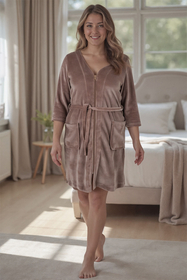 Vivisence Femme Robe de Chambre Coton Fermeture Éclair Confort à la Maison 5011, beige