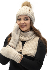 Vivisence Damen Mütze Bommel Warm Fleece Gefüttert Strick Winterstyle 7015, beige