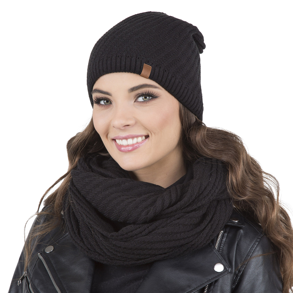 Vivisence Damen Winter Set Mütze Und Loop-Schal Komfort für Kalte Tage 7017Kmpl, schwarz
