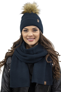 Vivisence Pour Femme Ensemble Bonnet Et Écharpe Automne et Hiver Modèle Élégant Classique En Acrylique Avec Pompon Doux Cadeau Parfait Pour Les Froids Jours 7042Kmpl, bleu foncé