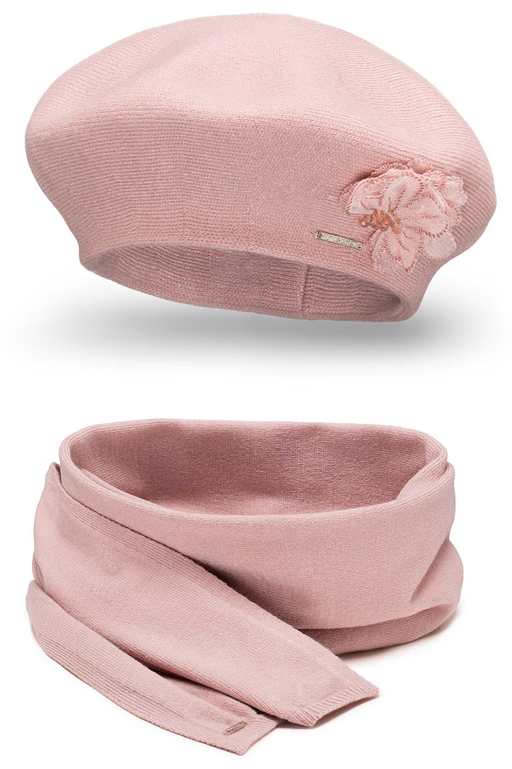 Vivisence Elegantes Damen Winter Set Aus Baskenmütze Mit Blumenapplikation Und Langer Schal Aus Warmem Garn Perfekte Für Kalte Wintertage Ideal Für Elegante Und Sportliche Outfits, rosa