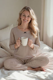 Vivisence Pyjama Deux pièces pour Femme Coton Manches Longues 2023, beige