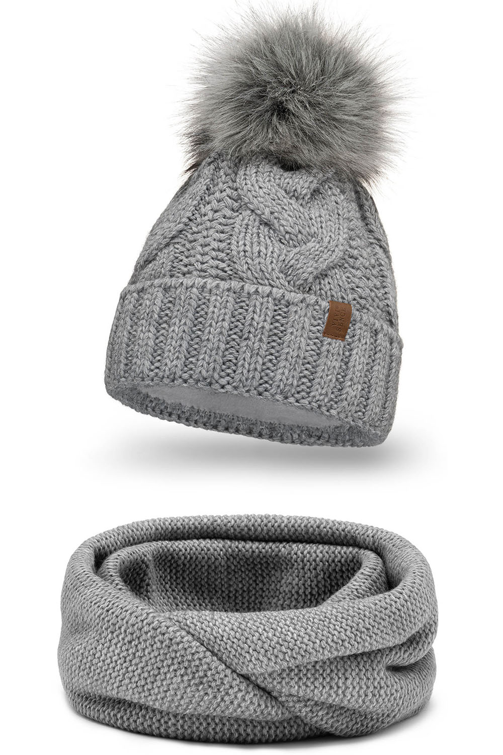 Vivisence Damen Bommelmütze Und Loop-Schal Mit Bommel Ideal Für Wintertage 7014, hellgrau