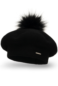 Vivisence Women Beret Wool Blend Faux Fur Pompom Elegant Warm Winter Hat 7035, black