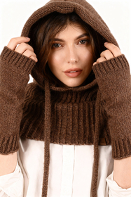 Vivisence Women Winter Hood And Gloves Set Merino Wool Knit Warm And Cozy, Brown