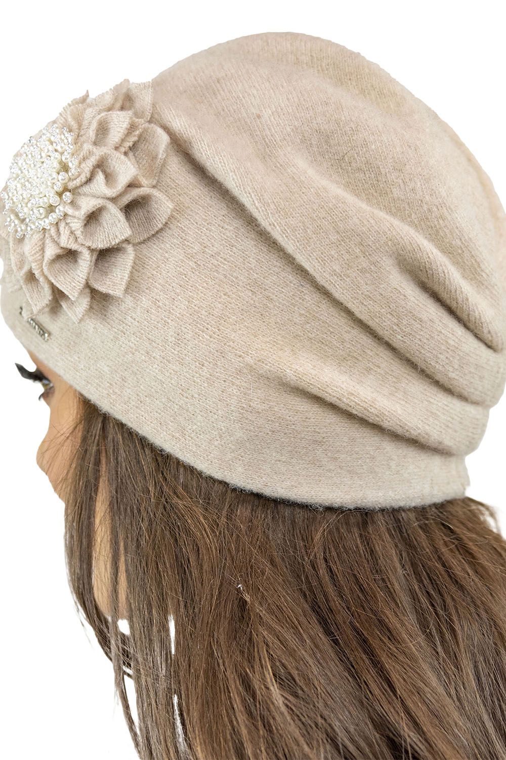 Vivisence Damen Mütze Wolle Blumenapplikation Falten Antistatisch Elegant 7052, beige