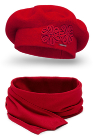 Vivisence Elegant Women's Winter Set Beret And Scarf With Classic Design And Floral Decoration Made Of Warm And Soft Fabric With Wool Blend Ideal For Cold Winter Days, Red