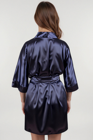 Vivisence Women's Satin Robe with 3/4 Sleeves Tie Waist Short Kimono Style Elegant Polyester Nightwear, dark blue