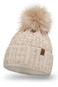 Vivisence Damen Mütze Bommel Warm Fleece Gefüttert Strick Winterstyle 7015, beige
