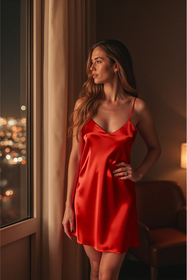 Vivisence Chemise de Nuit Satin Bretelles Réglables Tissu Agréable au Toucher 2039, rouge