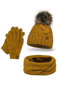 Vivisence Damen Winter Set Bommelmütze Loop Schal Handschuhe Warm Elegant, dunkelgelb