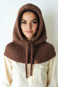 Vivisence Women Winter Hood Merino Wool Knitted Drawstring Fit Cozy Warmth, Brown