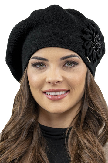 Vivisence Women's Winter Beret Classic Style And Floral Decoration Made From Warm And Soft Woolen Fabric Perfect Fit Ideal For Cold Winter And Autumn Days, Black