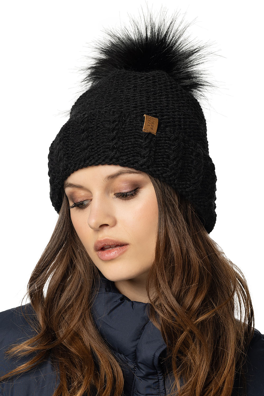 Vivisence Women's Pom Pom Hat Fleece Lined Perfect Fit Extra Warm, black