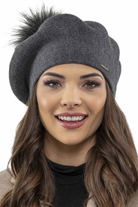 Vivisence Women Beret Wool Blend Faux Fur Pompom Elegant Warm Winter Hat 7035, dark grey