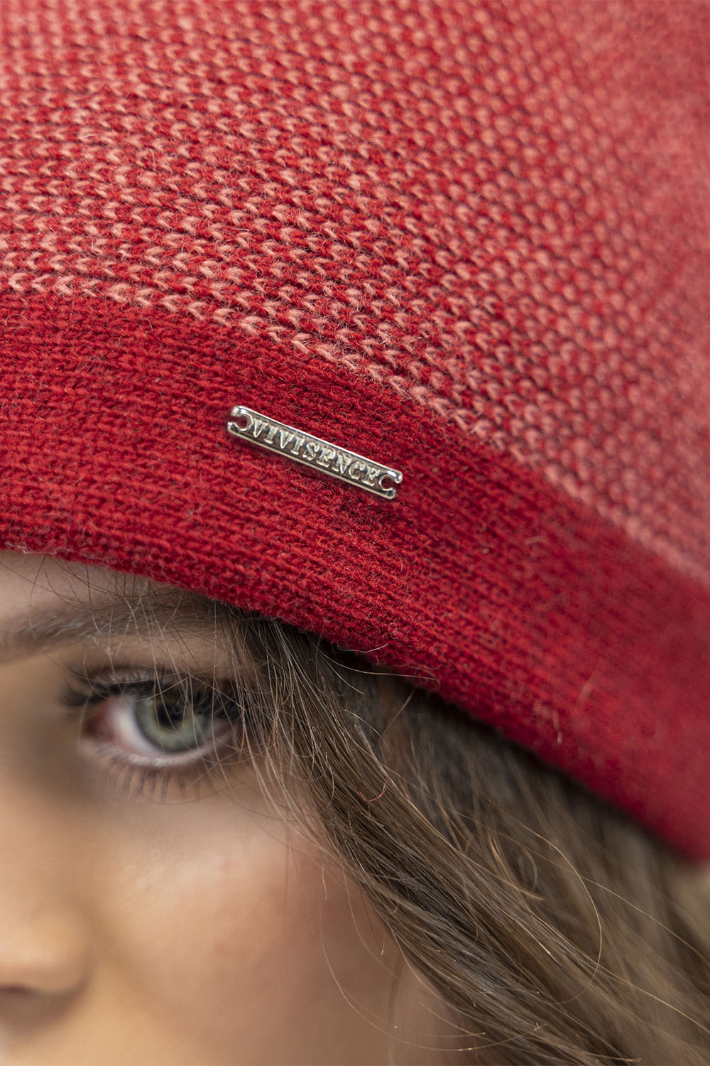 Vivisence Women's Pom Pom Hat Knitted With Subtle Houndstooth Pattern 7095, red cheerful check