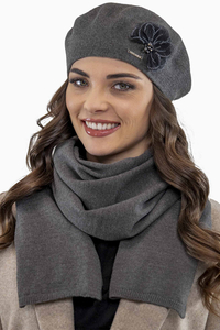 Vivisence Ensemble Béret Et Écharpe Pour Femme Automne et Hiver En Laine Style Classique Élégant Avec Application Florale Idéal Pour Les Froides Journées Cadeau Parfait 7036Kmpl, gris foncé