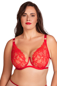 Vivisence Soutien Gorge À Armatures Non Rembourré Transparent Dentelle Push Up Silhouette Sculptée Dos Lycra Bretelles Réglables Élégant Lingerie Femme, rouge