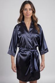 Vivisence Women's Satin Robe with 3/4 Sleeves Tie Waist Short Kimono Style Elegant Polyester Nightwear, dark blue