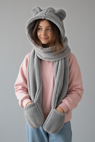 Vivisence Femme Capuche Écharpe Hiver Avec Moufles Oreilles Mignon Douillet, gris clair