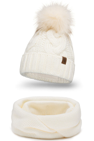 Vivisence Stylish Women's Winter Set Including Pompom Hat And Cozy Snood Scarf Made From Soft And Warm Fabric Smooth Fleece Lining Ideal For Cold Days, ecru