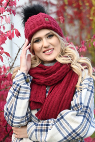 Vivisence Damen Mütze Bommel Warm Fleece Gefüttert Strick Winterstyle 7015, weinrot