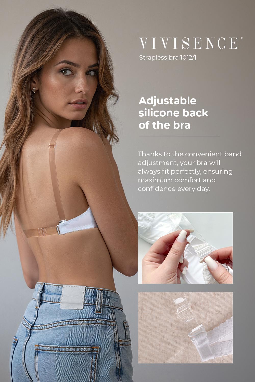 Vivisence Women's Clear Strap Bra Push Up Invisible Backless Clear Back Bra with Transparent Straps for Backless Dresses, white