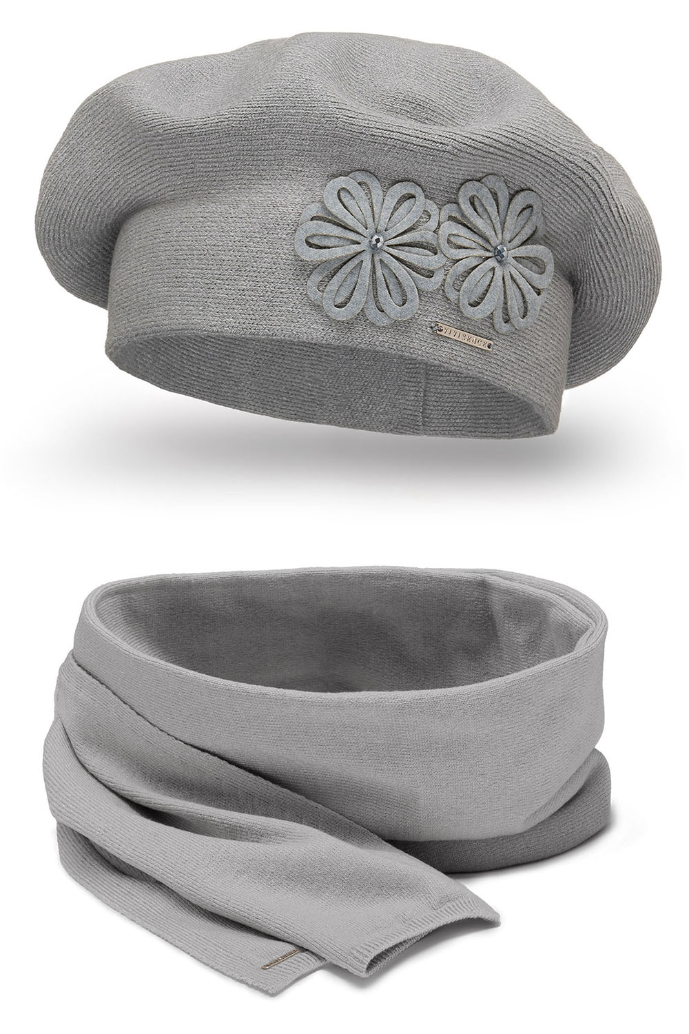 Vivisence Elegant Women's Winter Set Beret And Scarf With Classic Design And Floral Decoration Made Of Warm And Soft Fabric With Wool Blend Ideal For Cold Winter Days, Light Grey