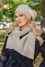 Vivisence Damen Baskenmütze Schal Set Bommel Wolle Warm Elegant Winter 7035Kmpl, beige