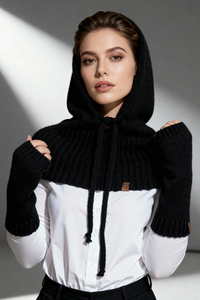 Vivisence Women Winter Hood And Gloves Set Merino Wool Knit Warm And Cozy, Black