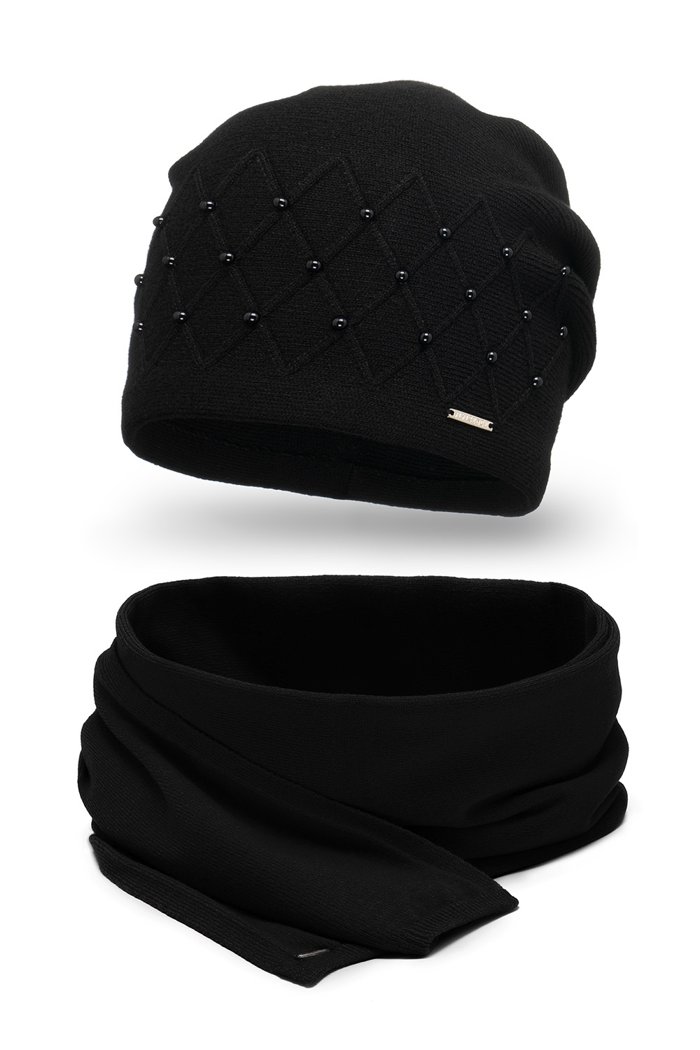 Vivisence Bonnet Et Écharpe Pour L'Hiver Femme Ensemble À La Mode Ajusté Classique Décoratif Avec Perles Tissage Et Laine Chaud Élégant Plaque Logo Confort Optimal 7002Kmpl, noir