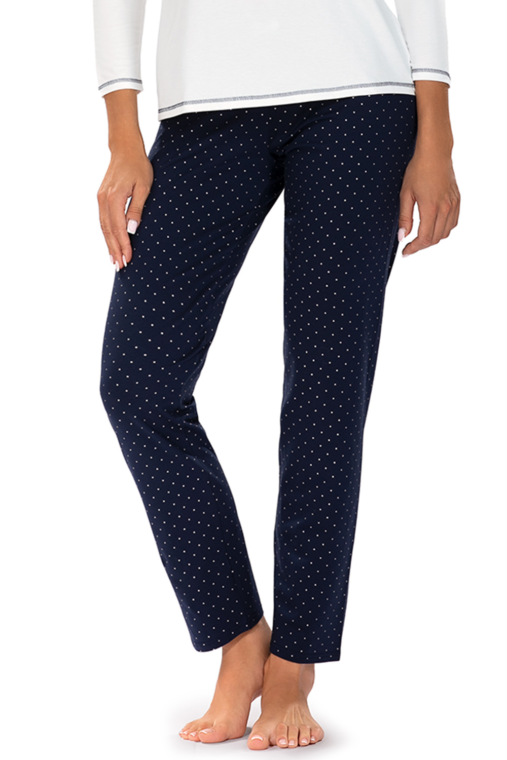 Vivisence Damen Pyjama Schlafanzug Langarm Nachtwäsche  2teilig Set Bequem 2029, ecru/dunkelblau
