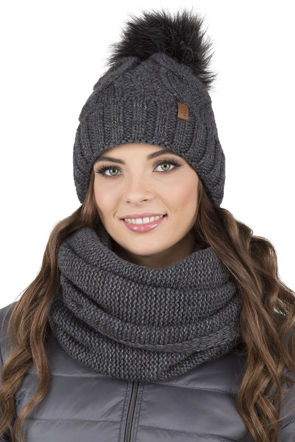Vivisence Damen Bommelmütze Und Loop-Schal Mit Bommel Ideal Für Wintertage 7014, dunkelgrau