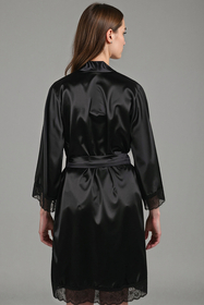 Vivisence Damen Negligé Satin Kurz Kimonoärmel Spitze Bindegürtel Elegant 5032, schwarz