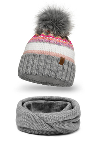 Vivisence Modisches Winterset für Damen Warme Mütze Mit Antistatischem Fleece Und Umweltfreundlichem Bommel Passender Loop-Schal Aus Weichem Garn Perfekt Für Kalte Tage Und Outdoor-Aktivitäten, grau