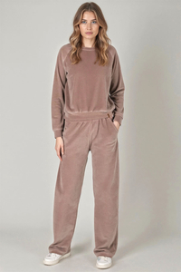 Vivisence Damen Trainingsanzug Set Zweiteiler Aus Velours Mit Sweatshirt Und Hose Lockerer Schnitt Rundhals Seitentaschen Elastischer Bund, Beige