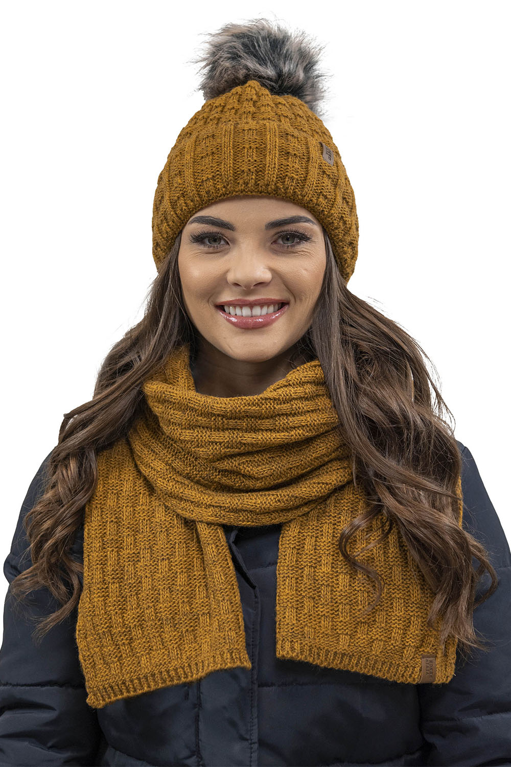 Vivisence Damen Winter Set Mütze Schal Fäustlinge Fleecefutter Gegen Kälte, dunkelgelb