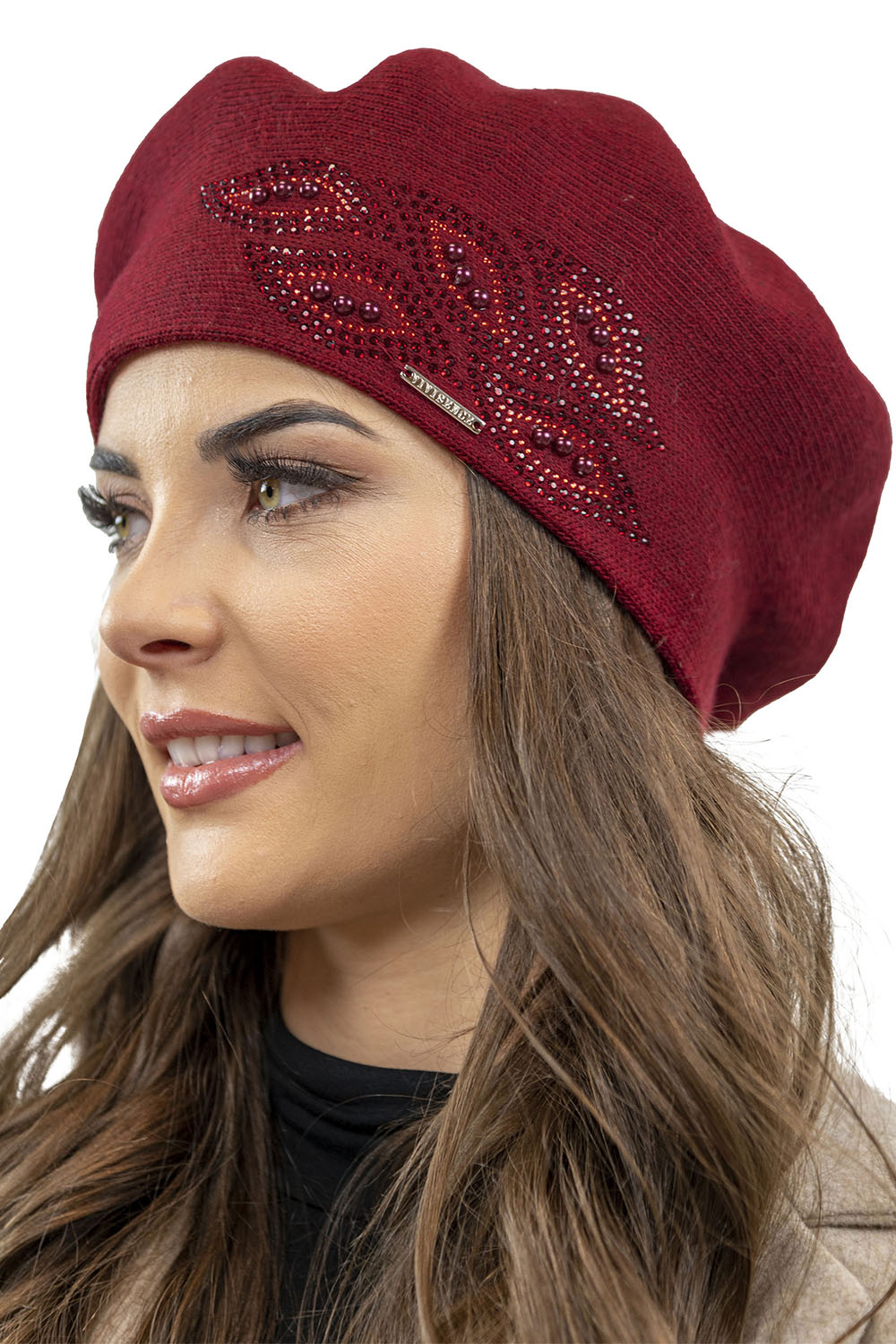 Vivisence Damen Baskenmütze mit Zirkonia-Applikation Ideal für Wintertage 7051, weinrot