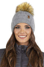 Vivisence Women's Pom Pom Hat Fleece Lined Faux Fur Pom Knitted 7019, light grey