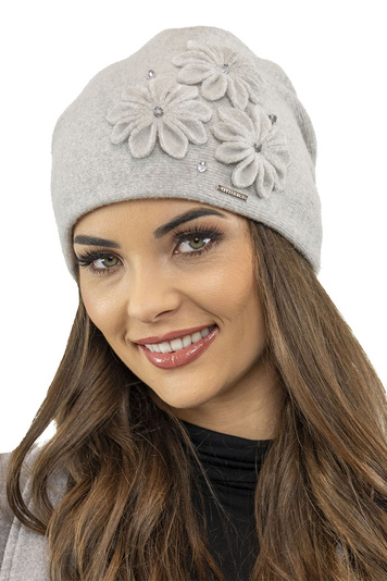 Vivisence Elegant Woolen Cap For Women With Floral Decoration Made From Warm Woolen Fabric Static-Free Effect Perfect Fit Ideal For Cold Winter And Autumn Days, Light Grey